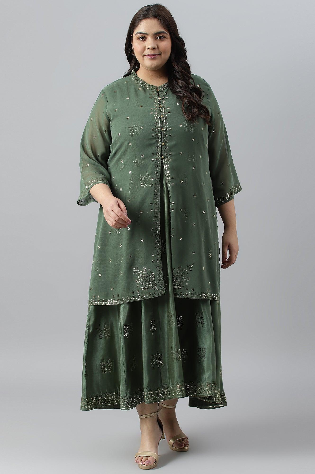 Green Mukaish Dress With Poly Georgette Short Jacket