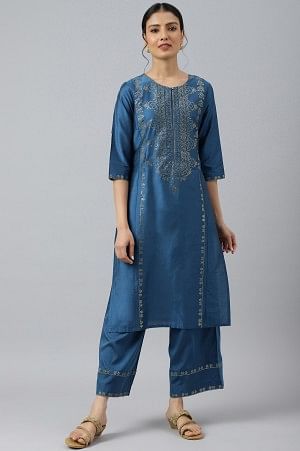 Blue Mukaish Placement Print kurta with Parallel Pants