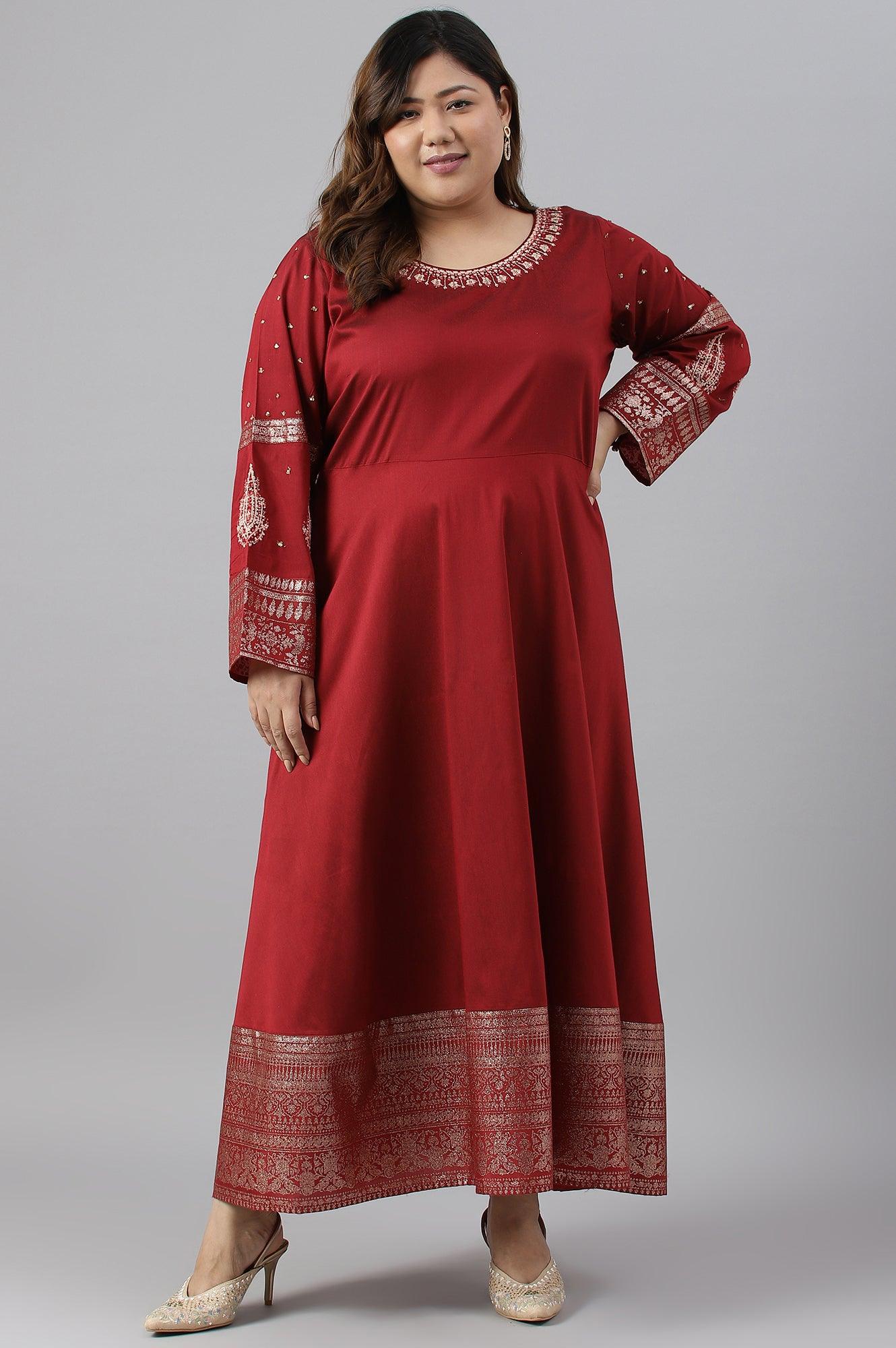 Maroon Festive Plus Size Gown With Embroidery On Neck And Sleeves