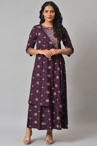 Dark Purple Printed Angrakha Jumpsuit