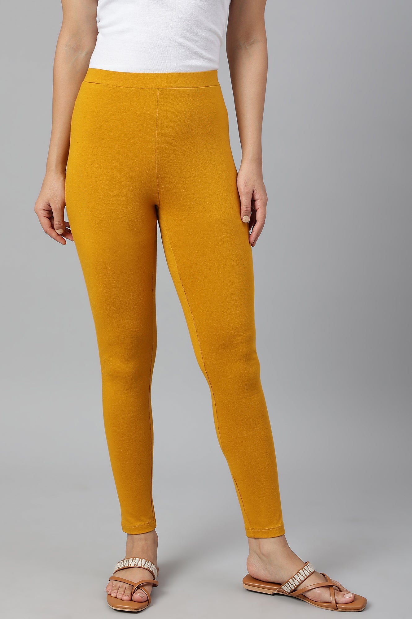 Mustard Solid Knitted Women Tights