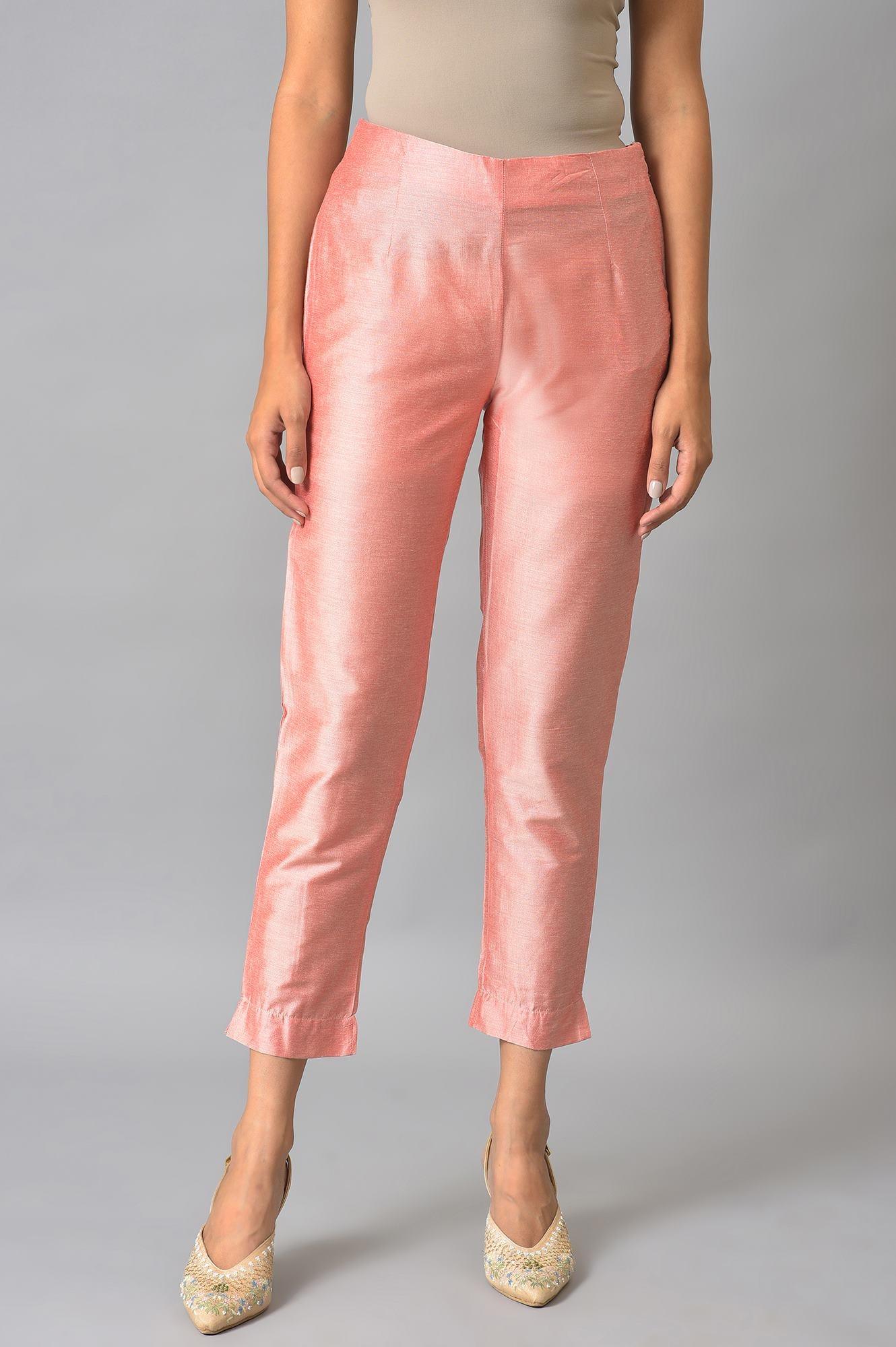 Peach Pink Solid Slim Pants