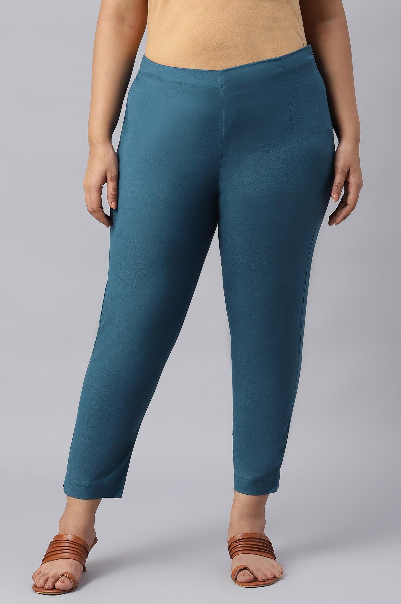 Plus Size Teal Blue Cotton Blend Slim Pants