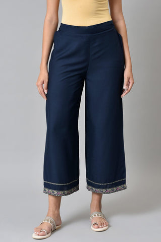 Dark Blue Rayon Straight Parallel Pants