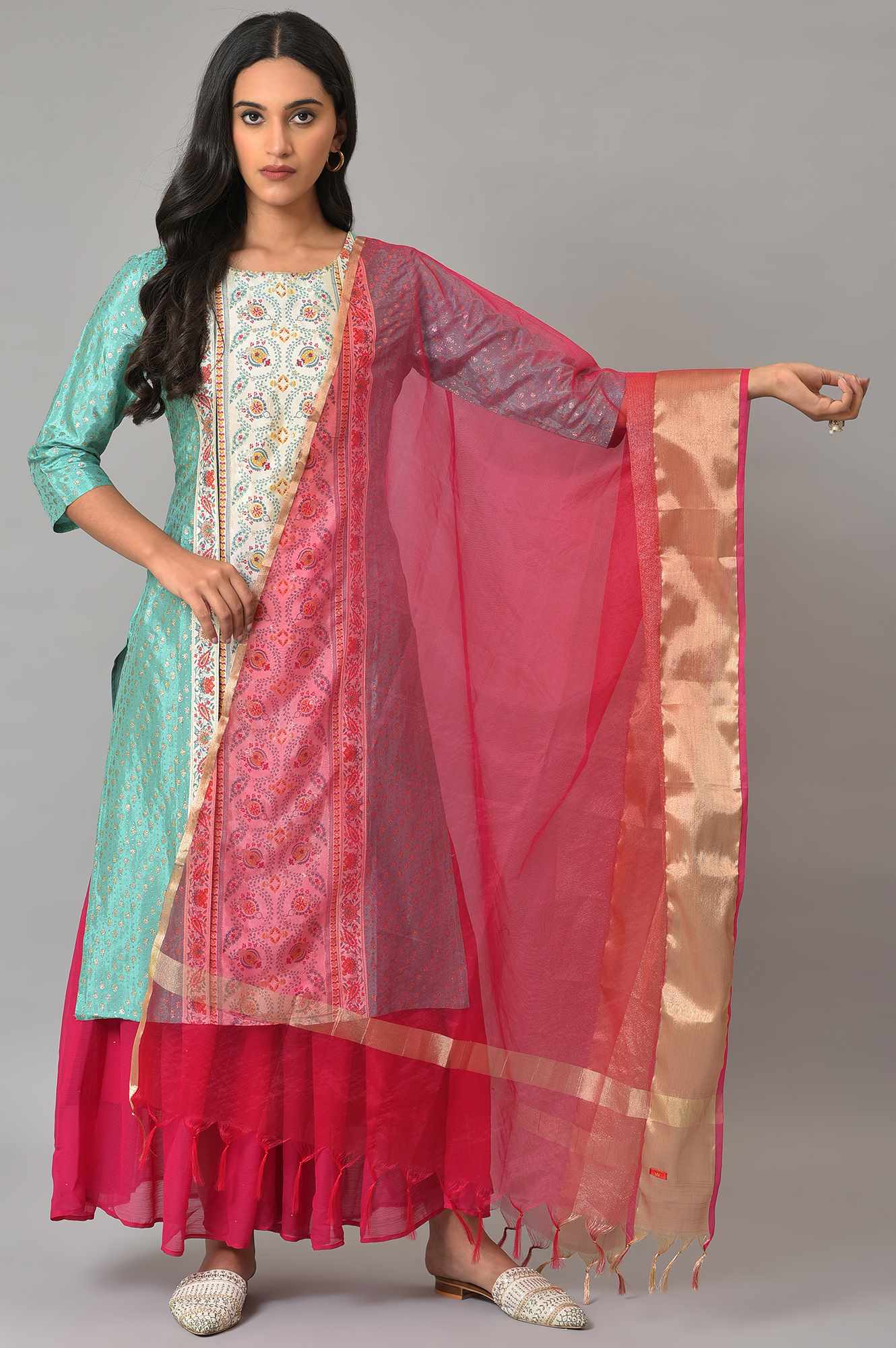 Dark Pink Zari Woven Organza Dupatta