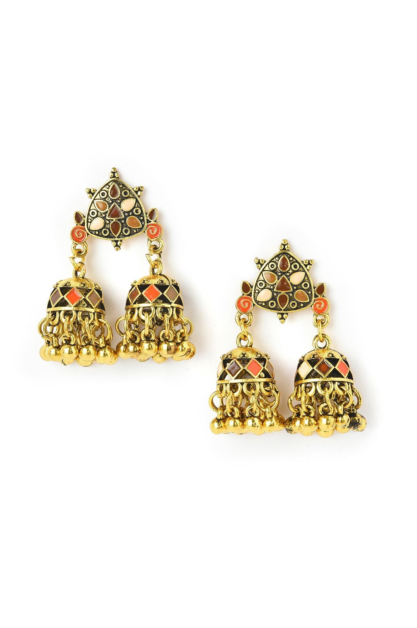 Brown And Orange Enamelled Jhumkas