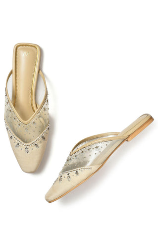 W Embroidered Beige Square Toe Flat