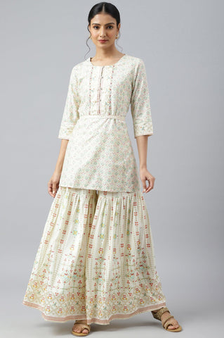 Ecru Festive Short kurta And Sharara Set