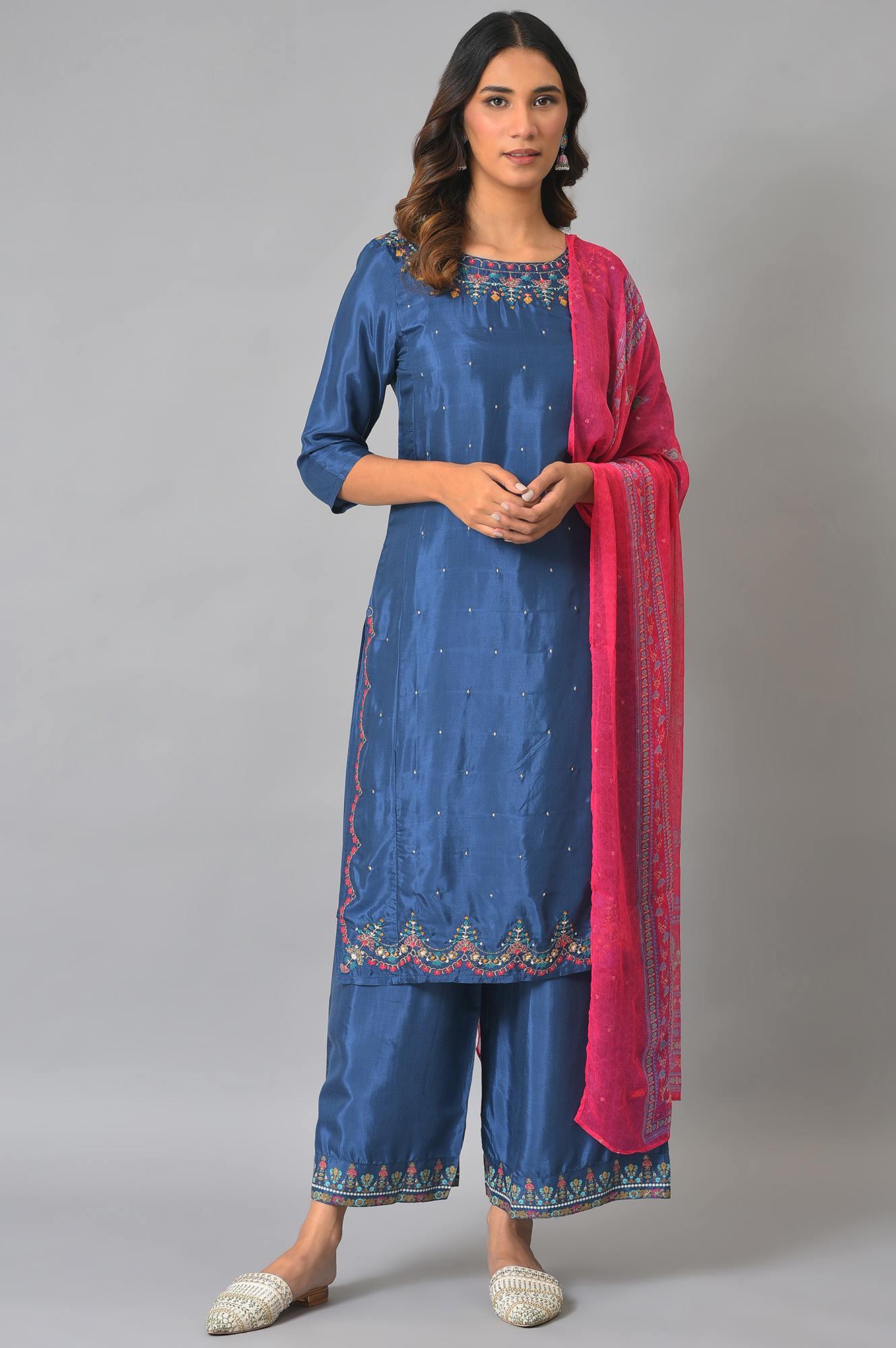 Blue Embroidered kurta With Parallel Pants And Pink Dupatta