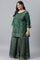 Plus Size Dark Green Glitter Floral Printed kurta With Sharara Pants And Pink Dupatta