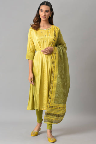 Lemon Yellow And Olive Green Printed kurta With Tights And Dupatta