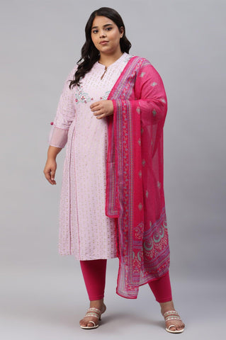 Plus Size Light Purple Embroidered kurta With Pink Tights And Printed Dupatta