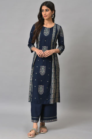 Dark Blue Paisley Printed kurta With Parallel Pants