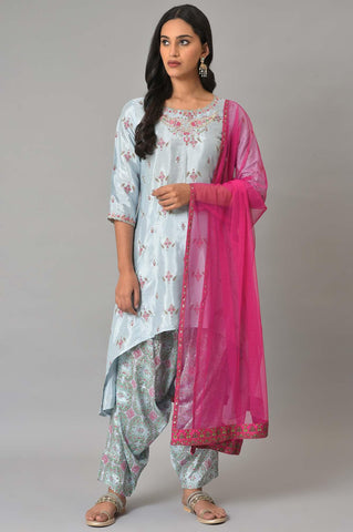 Light Blue Paisley Print High-Low kurta With Draped Pants And Pink Dupatta