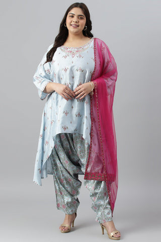 Plus Size Light Blue Paisley Print High-Low kurta With Draped Pants And Pink Dupatta