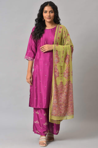 Puruple Shatung Embroidered kurta With Parallel Pants And Light Green Dupatta