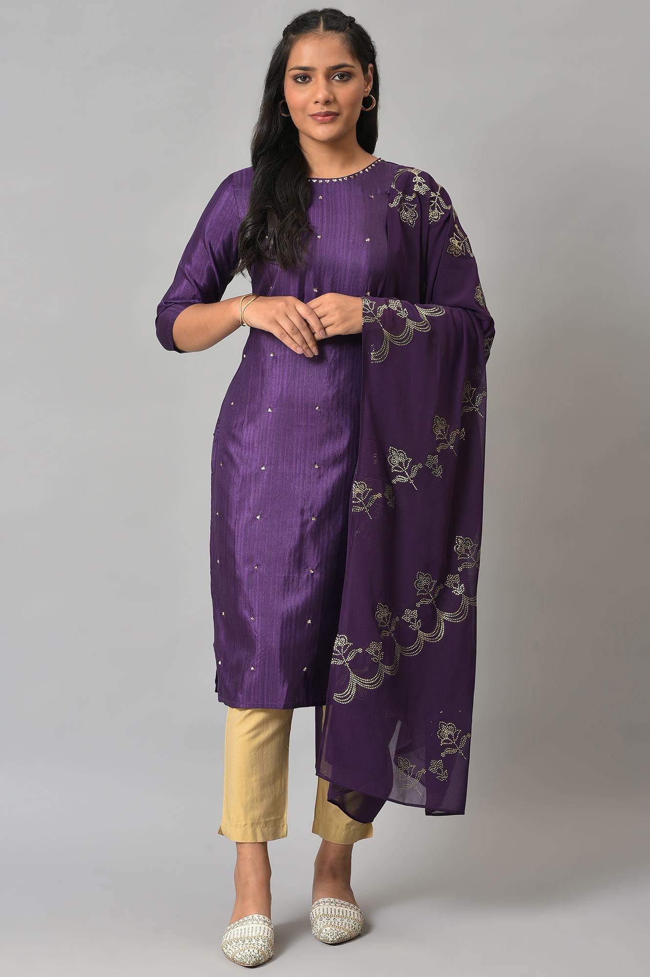 Deep Purple Karnatka Silk kurta With Green Slim Pants And Mukaish Dupatta