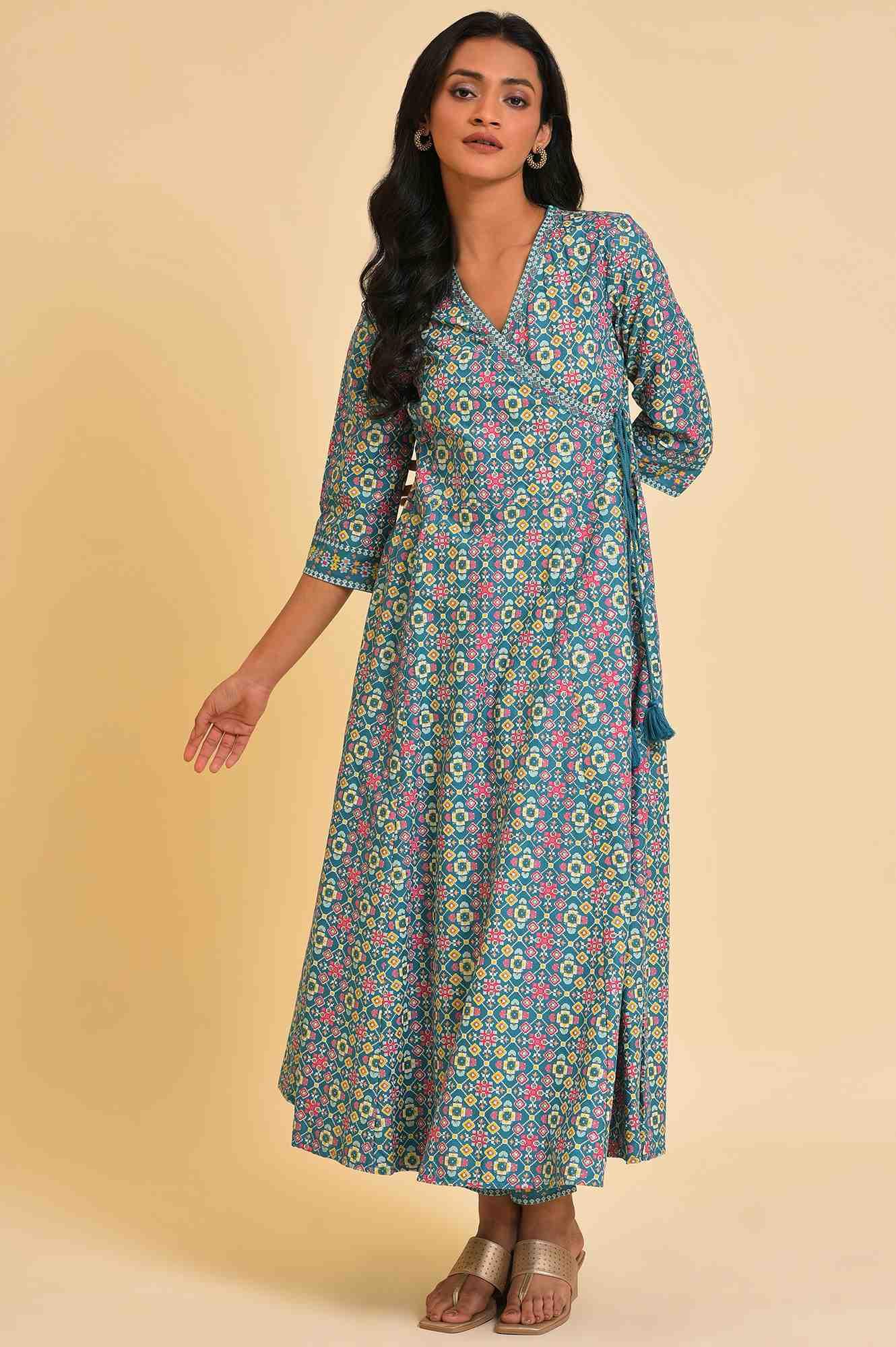 Blue Multicolor Printed Angrakha kurta Set