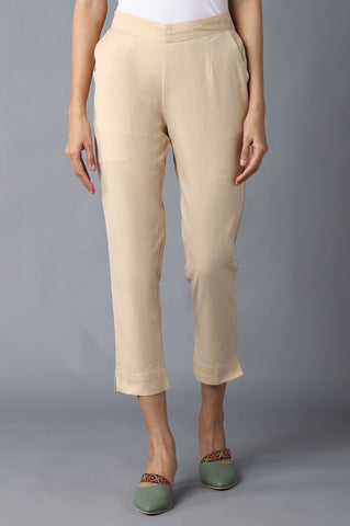 Beige Solid Trousers