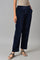 Navy Blue Solid Straight Fit Cotton Trousers With Elasticated Waist