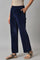 Navy Blue Solid Straight Fit Cotton Trousers With Elasticated Waist