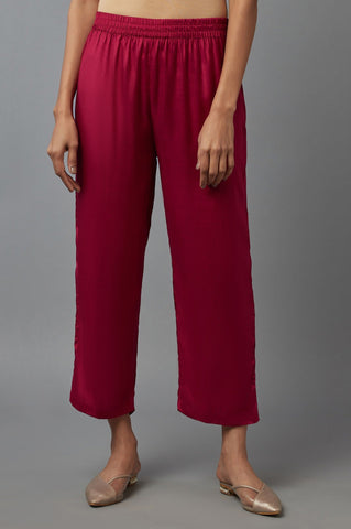 Dark Pink Solid Slim Pants in Straight Silhouette