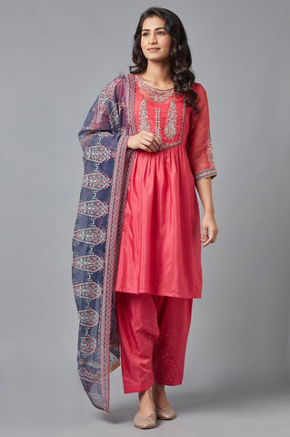 Coral Red A-line kurta, Salwar and Dupatta Set