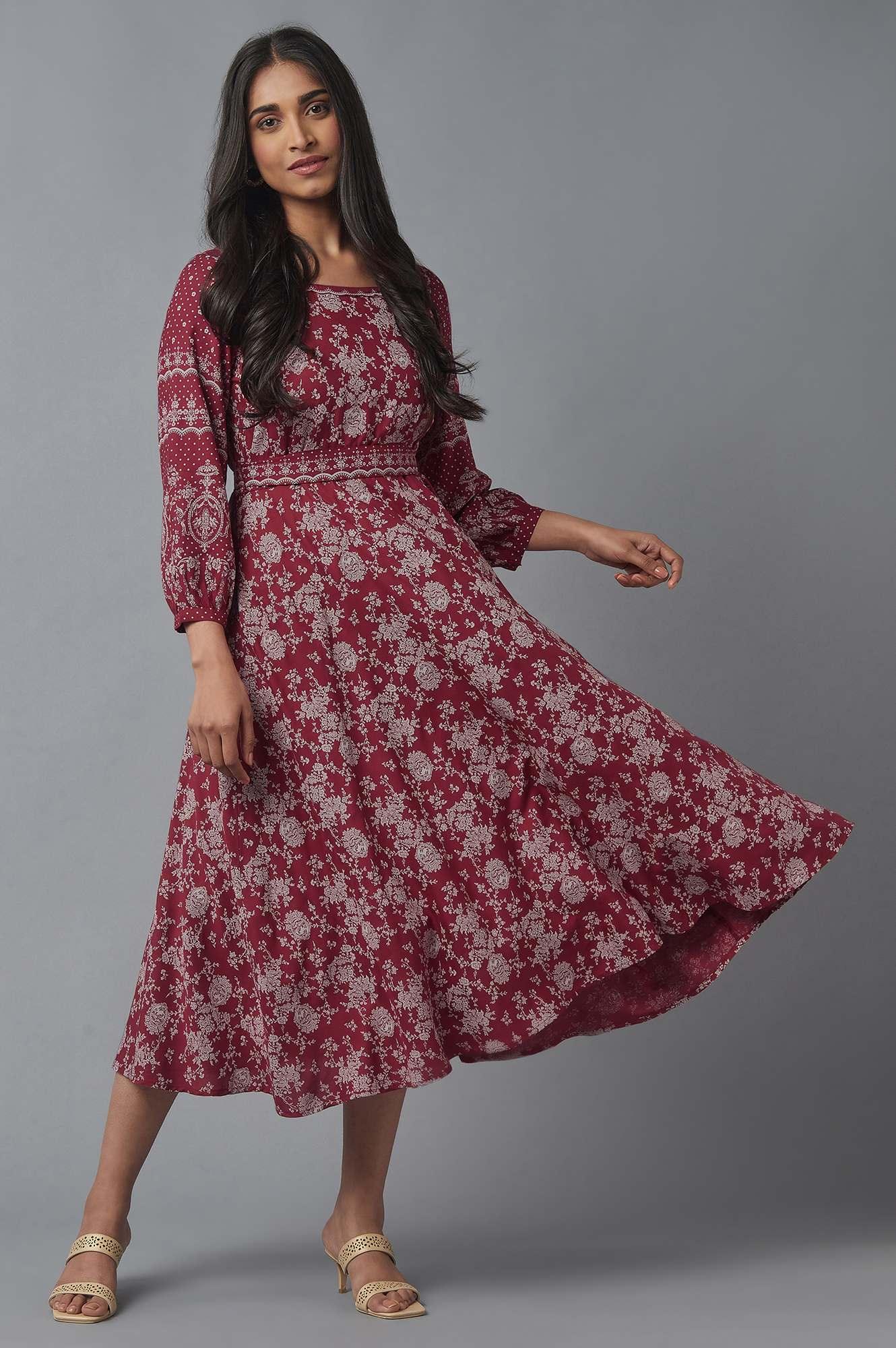 Deep Red Printed Flared Dress