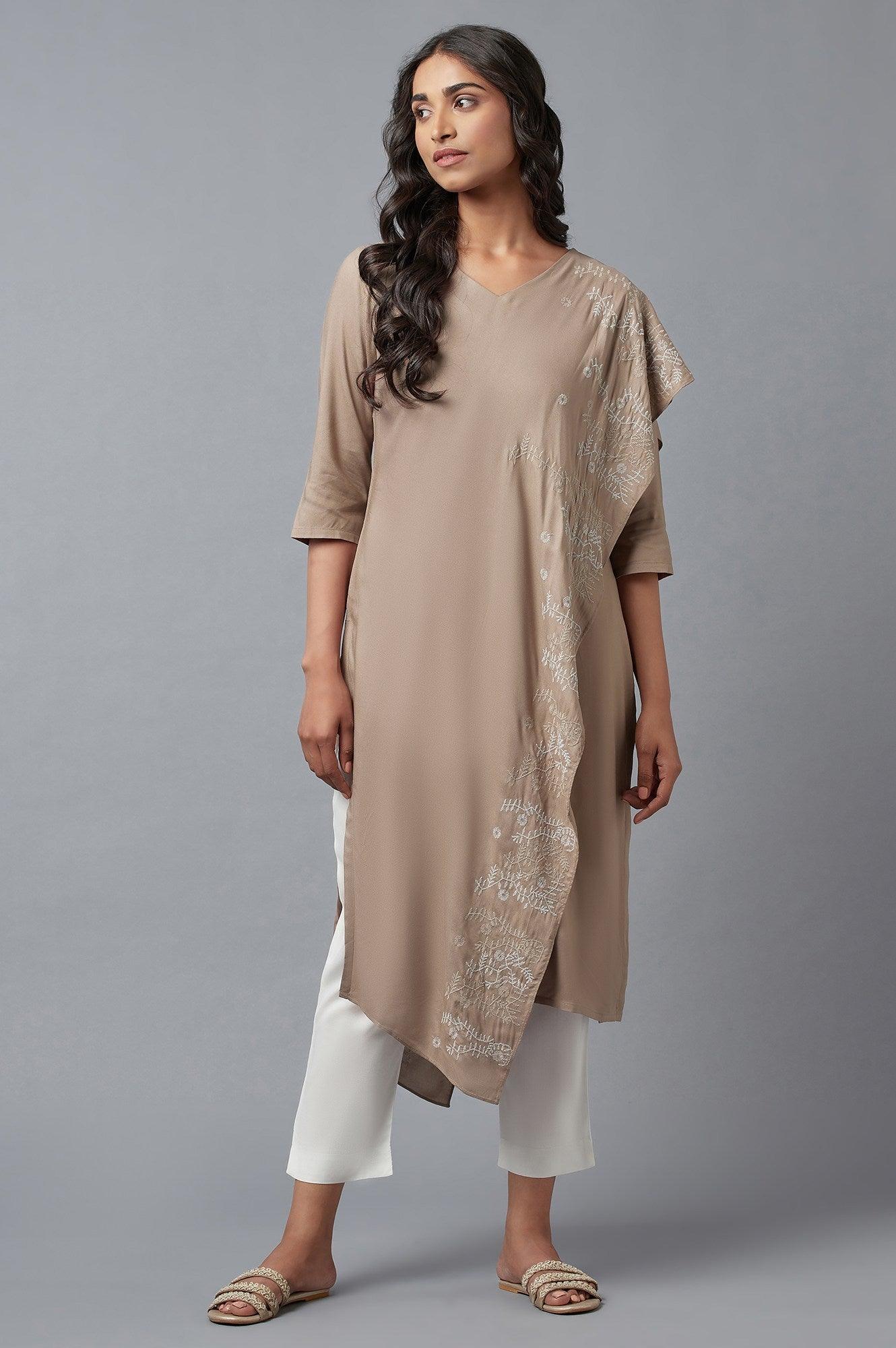 Beige Saree draped kurta In V-Neck With Thread Embroidery