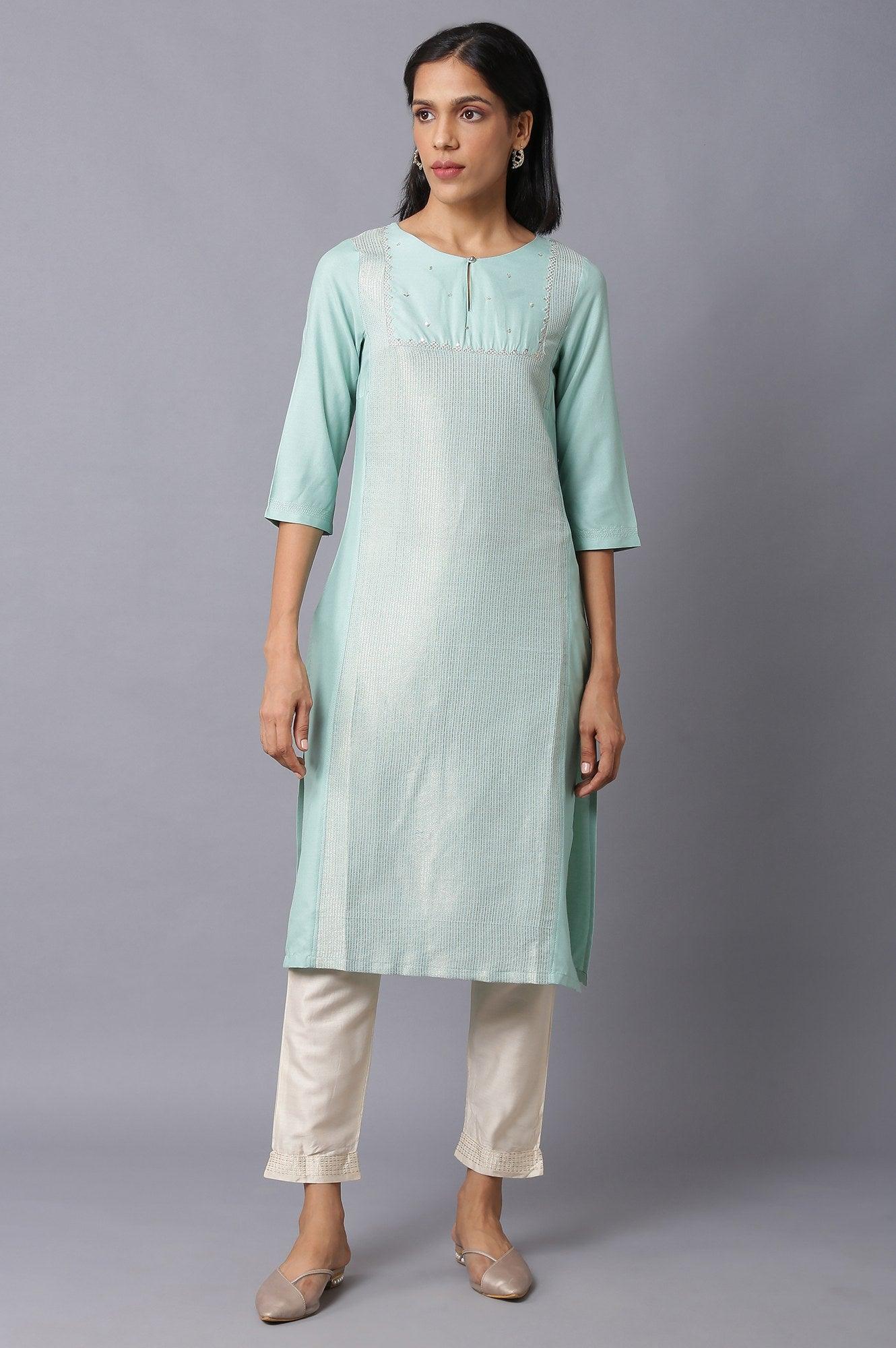 Teal Blue Jacquard kurta With Embroidered Yoke