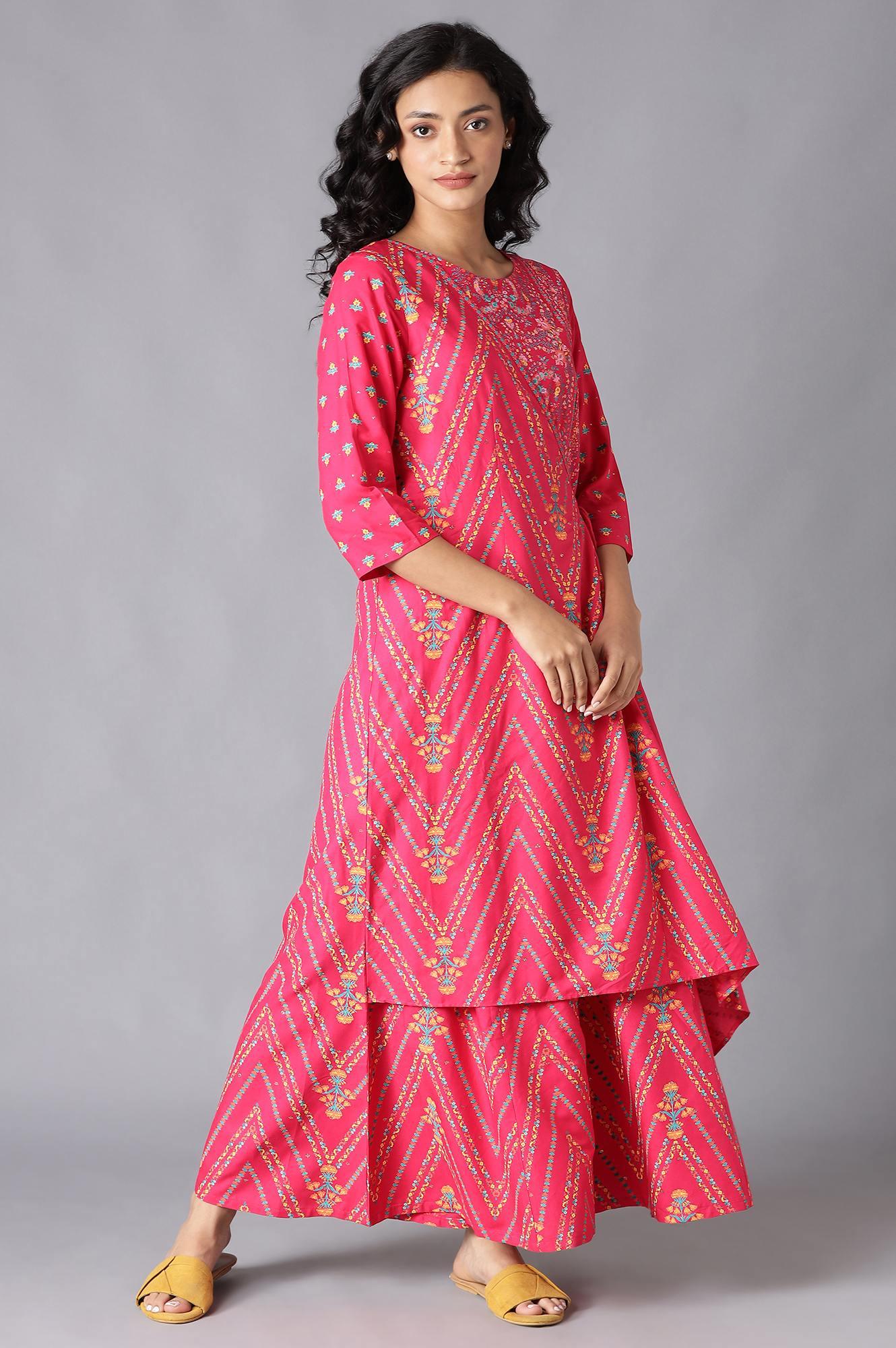 Dark Pink Angrakha Jumpsuit In Round Neck