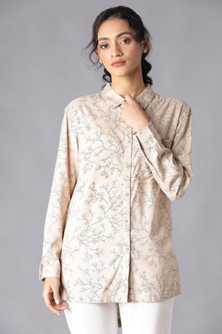 Light Brown Floral Print High-Low Shirt