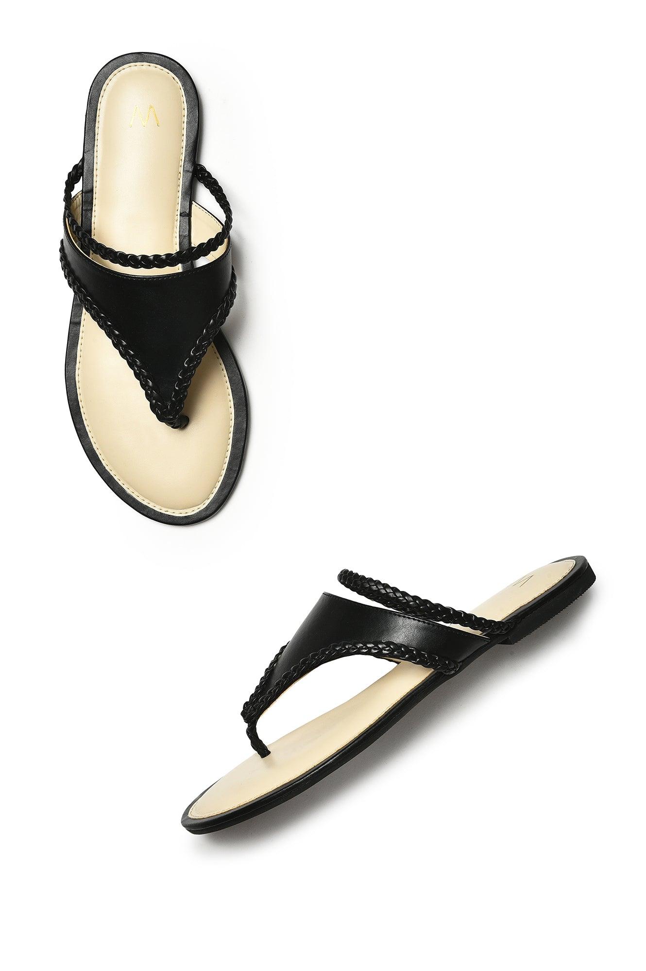 W Woven Design Black Almond Toe Flat