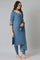 Deep Teal Fusion Embroidered kurta With Knitted Tights And Printed Dupatta