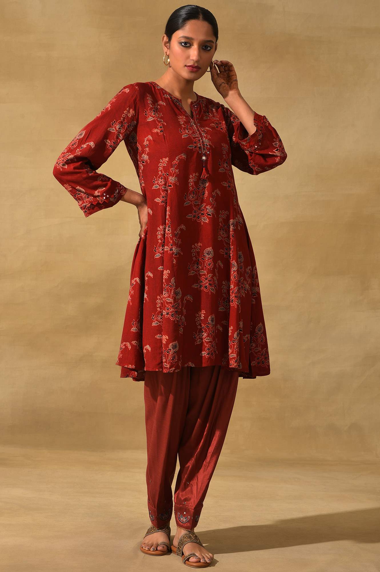 Red Ajrakh Print Flared kurta