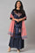 Dark Blue Festive Velvet kurta With Shantung Sharara And Coral Dupatta