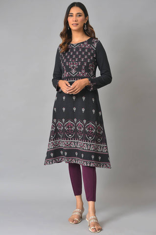 Plus Size Black A-Line Placement Printed Winter kurta