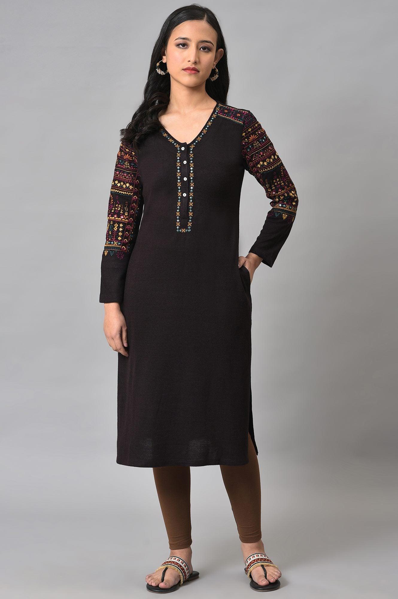 Brown Embroidered Plus Size Winter Kurta