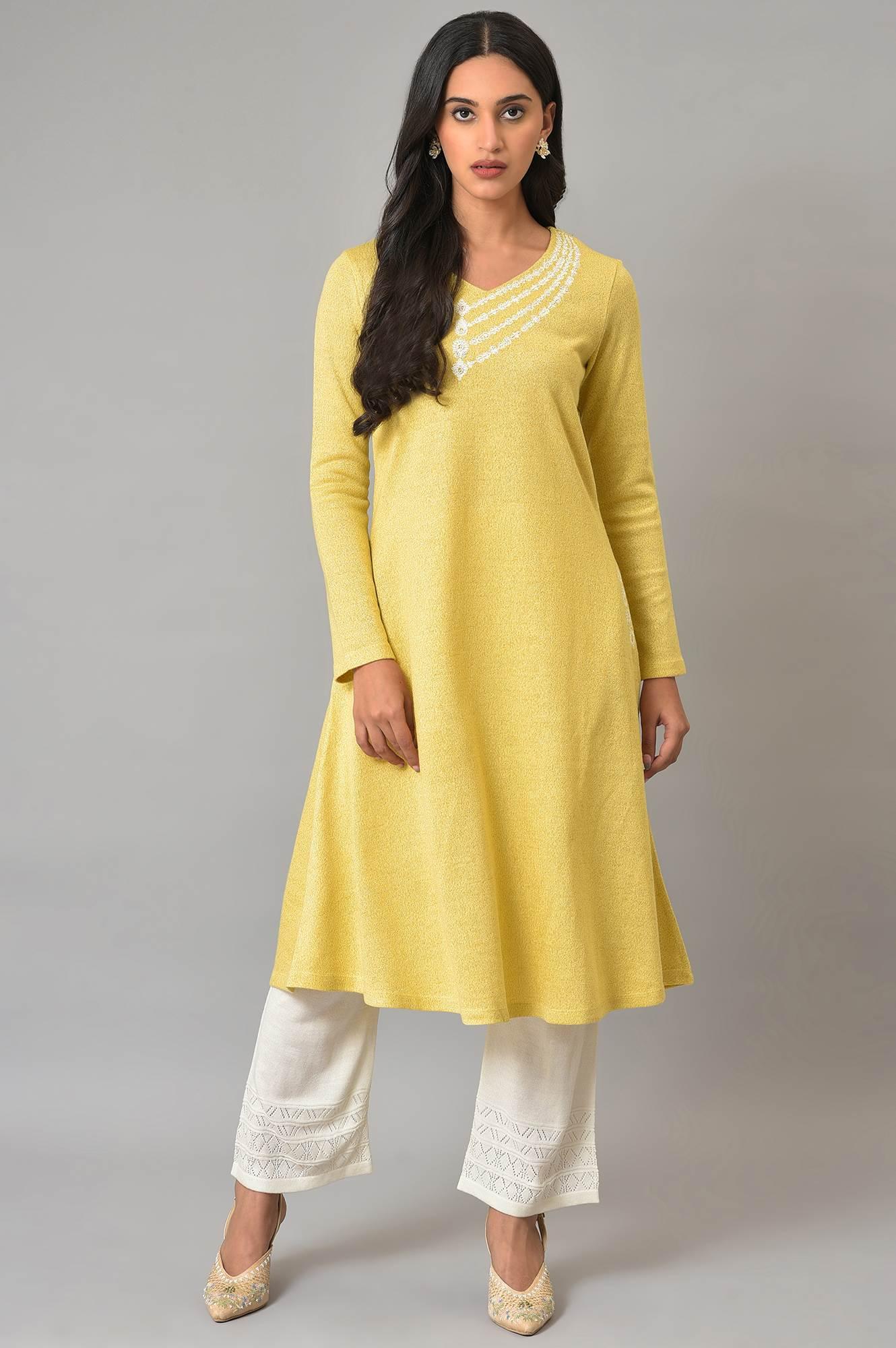 Lemon Yellow Embroidered A-Line Winter kurta