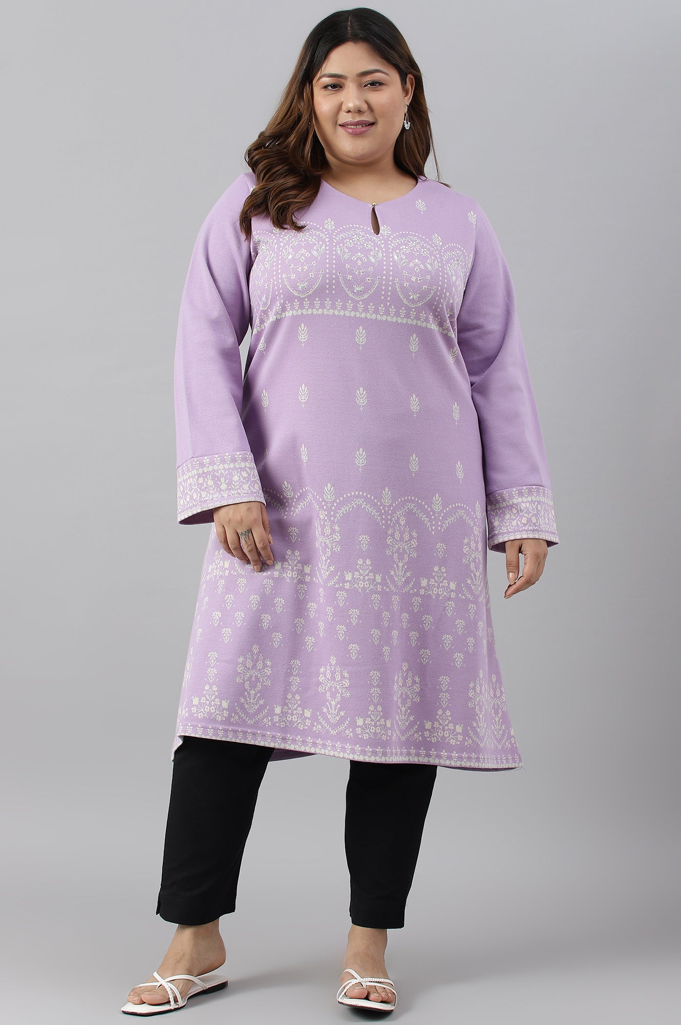 Light Purple Jacquard A-Line Plus Size Winter kurta