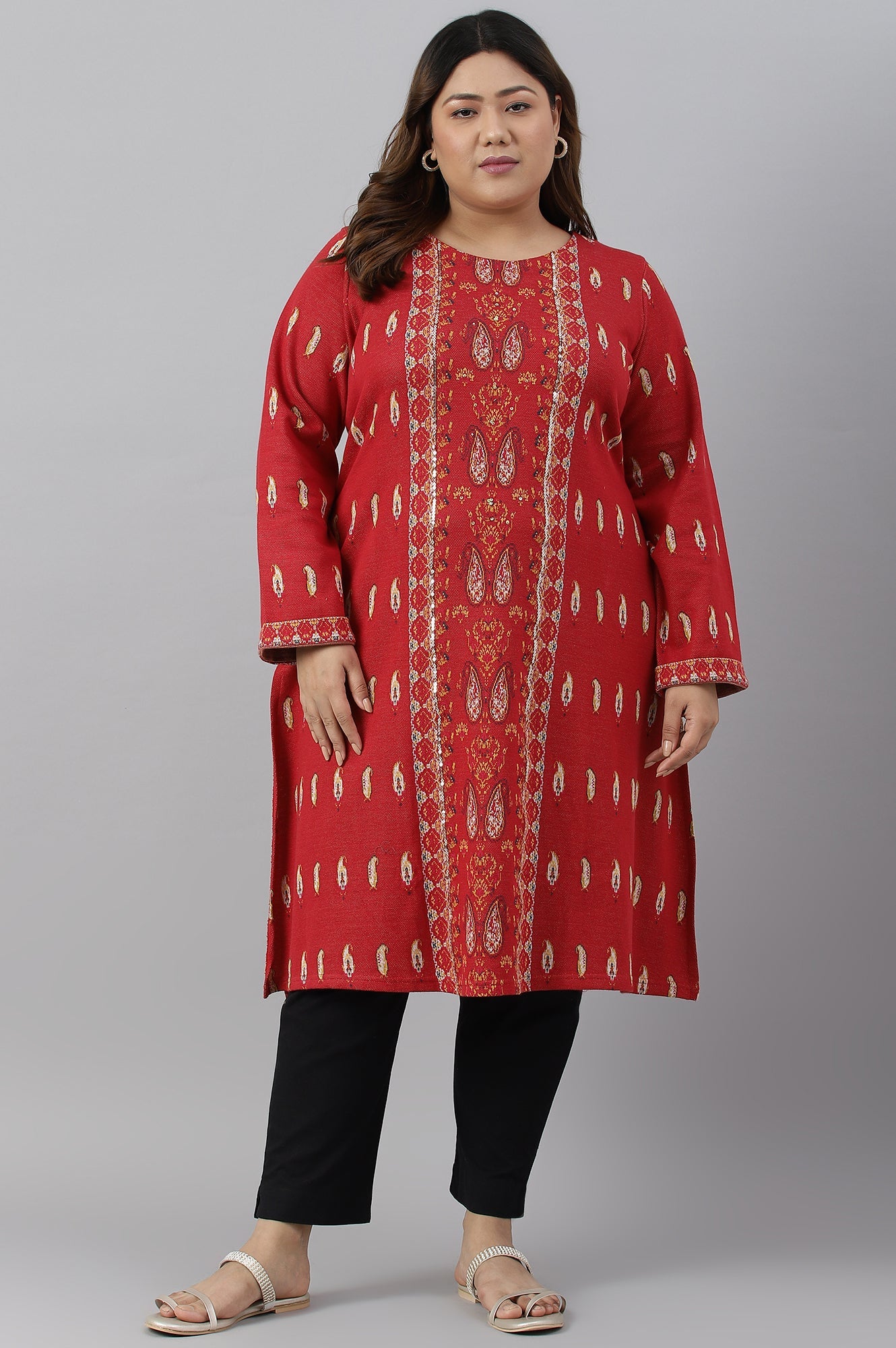 Red Paisley Printed Plus Size Winter kurta