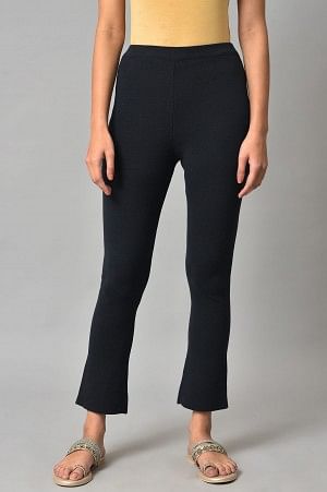 Dark Blue Solid Knitted Flared Pants