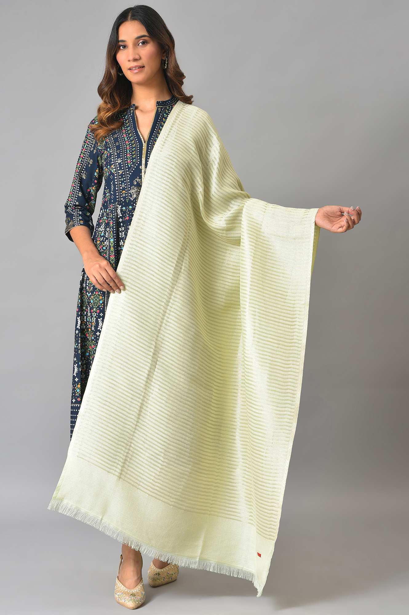 Light Green Stripe Lurex Shawl