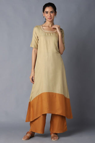 Aure Collection By Aurelia Beige And Tawny Olive Colour Block kurta With Palazzo Set