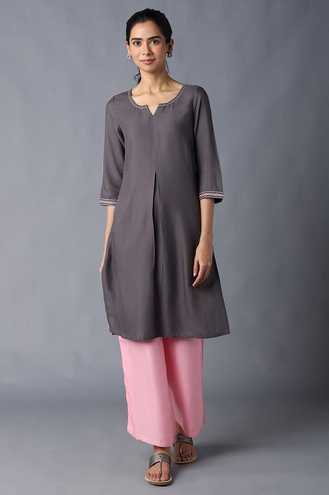 Aure Collection By Aurelia Grey Solid Ethnic kurta With Light Pink Straight Palazzo