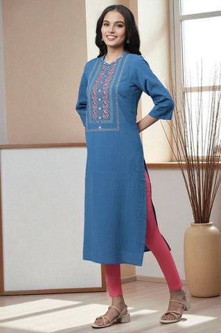 Blue Embroidered Seer Sucker Kurta