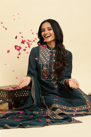 Dark Green Embroidered Festive Kurta, Pant And Dupatta Set