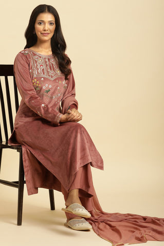 Salmon Pink Micro Velvet Embroidered Kurta, Pants And Dupatta Set