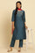 Blue Embroidered Shantung Kurta, Pants And Dupatta Set