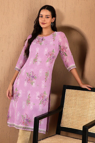 Purple Floral Printed Metallic Sequined Organza Festive Straight Kurta